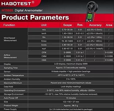 tapi slikar: Industrijski digitalni anemometar HABOTEST HT5005 Višenamenski ručni — 9
