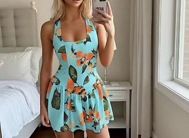 babilon haljine: 🔥Ženska mini haljina sa narandžastim cvetno-voćnim printom
✅1900 din — 4