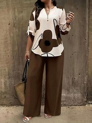 shein srbija kompleti: Damski komplet – bluza i pantalone, braon/bež tonovi - Gornji deo — 1