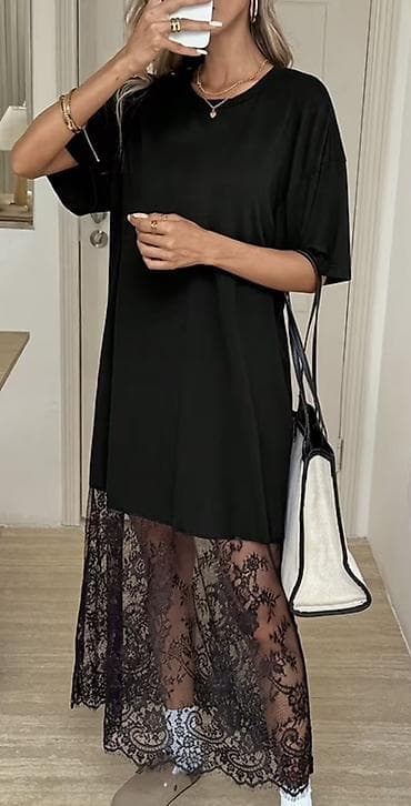 delovi za satove: Crna haljina sa čipkom – oversized kroj - Model: ležerna T‑shirt — 3