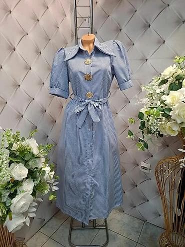 Ženska košulja-haljina sa prugama, midi dužine. - Model: strukirana