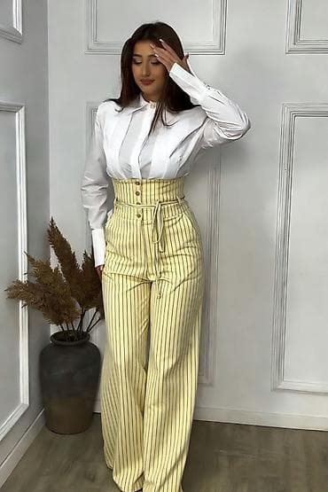 oficirski pojas: ✅✅Visokostručne ženske pantalone sa prugama – model sa korzet pojasom — 5