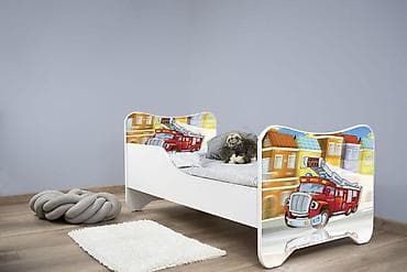 krevet za decu sa ogradom: Dečiji krevet 160x80 cm Happy Kitty Firetruck - Dimenzije ležajne — 1