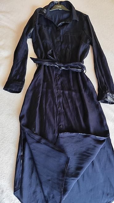 bata torba: Saten-haljina košulja kroja, tamnoplava - Model: midi dužina — 5