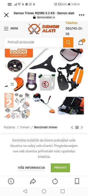 noz za kosacicu: Motor: dvotaktni, vazdušno hlađeni – Snaga: 5,2 Ks 3.8kw – Max obrtaj — 10