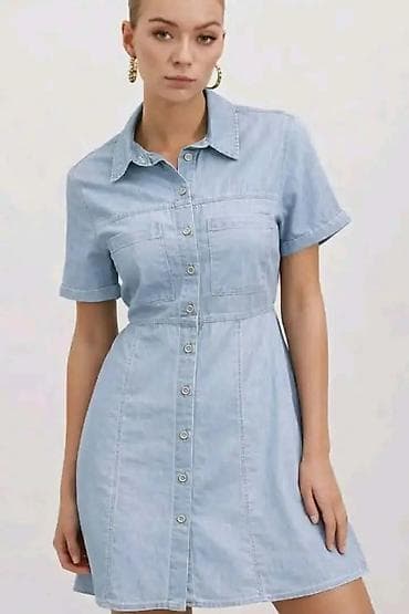 majice l: Ženska teksas košulja-haljina - Kroj: strukirana silueta A-linije — 2