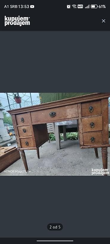 polovni ormar: Drveni vintage radni sto sa fiokama - Materijal: puno drvo - — 2