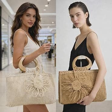 elegantne zlatne torbice: 👜 Elegantna pletena torba sa drvenim ručkama Moderna pletena torba sa — 2