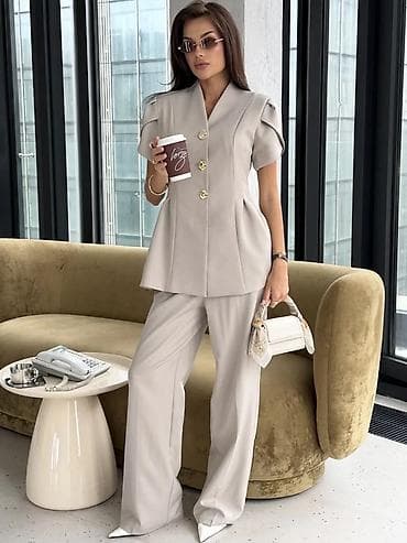 mindjuse sa cirkonima: 💫Ženski dvodelni komplet – sako/bluza sa kratkim rukavima i ravne — 6