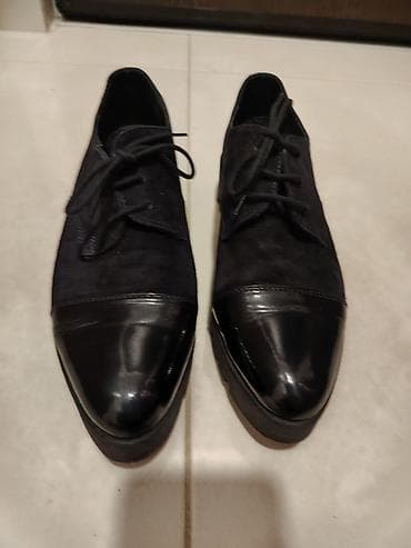 svecana obuca: Zenske elegantne cipele na pertlanje, teget boje, kombinacija brušene — 3