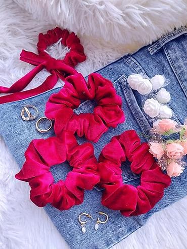 dugi rep umetak: Set baršunastih scrunchie gumica za kosu – bordo/crvena - Materijal — 5