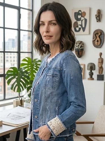 suknje za plazu: Ženska teksas jakna sa čipkanim detaljima - Klasičan kroj teksas — 1