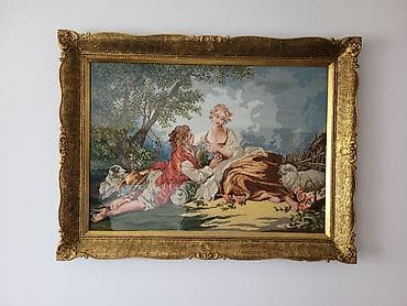 Ručni goblen u bogato dekorisanom pozlaćenom ramu - Motiv: pastoralna