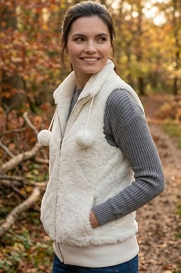 crna kapa: Ženska prsluk-dukserica od veštačkog krzna (faux fur), bela. - — 1