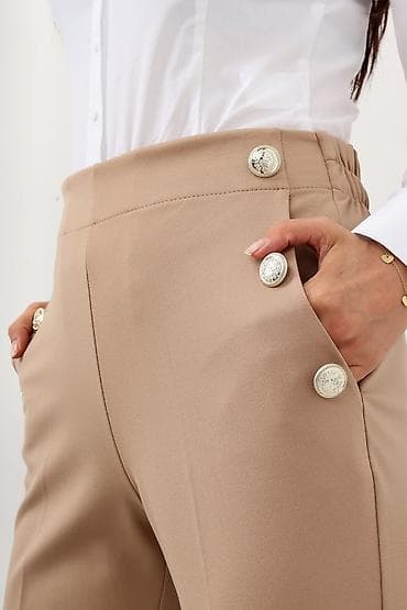 zara sandale ravne: Elegantne ženske pantalone u bež boji – visok struk, ravna nogavica do — 3