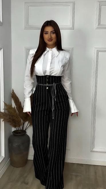 oficirski pojas: ✅✅Visokostručne ženske pantalone sa prugama – model sa korzet pojasom — 4