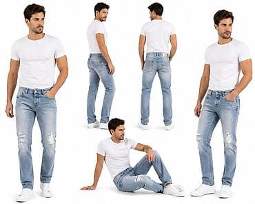 denim farmerke muske: Muške farmerke – svetloplavi teksas sa poderotinama. Vel 33 - Kroj — 1