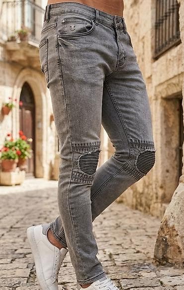 Muške slim fit farmerke – siva isprana boja sa biker detaljima na