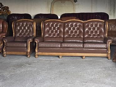 dvosed i dve fotelje: Kožni set za dnevni boravak – klasičan stil - Komplet: trosed + 2 — 3