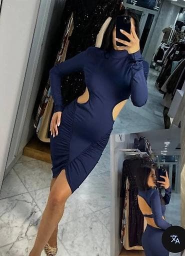 Women's Clothing: Elegantna midi haljina sa izrezima – tamnoplava - Model: uska — 1