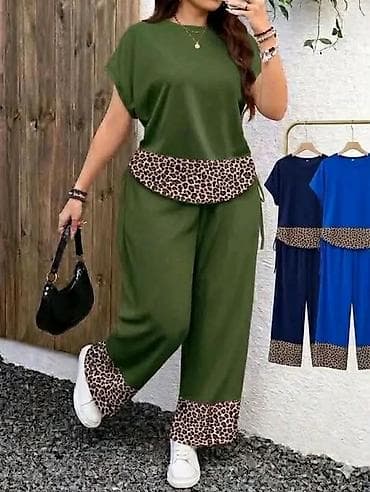rezeda zelena: Dvodelni ženski komplet sa leopard detaljima za punije dame. - Majica — 2