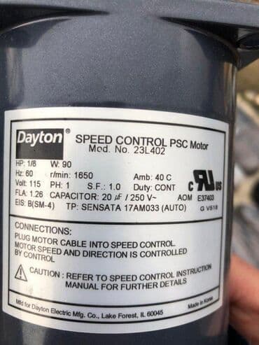 Elektromotori: 0889 Speed Control PSC Motor - DAYTON; Model: 23L402 Specifikacija — 2