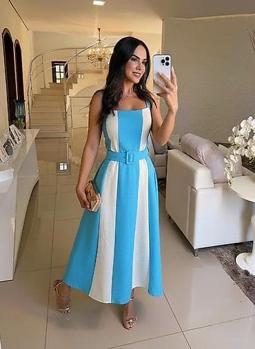 Muška odeća: 🔥Letnja midi haljina sa širokim vertikalnim prugama i pojasom ✨2700 — 4