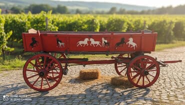 gume polovne 14: Crvena drvena kola, ukrašena motivima konja duž bočnih strana. Kolica — 1