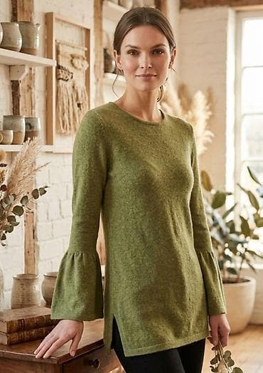 Košulje, bluze i tunike: Zeleni pleteni džemper-tunika sa zvonastim rukavima - Boja — 1