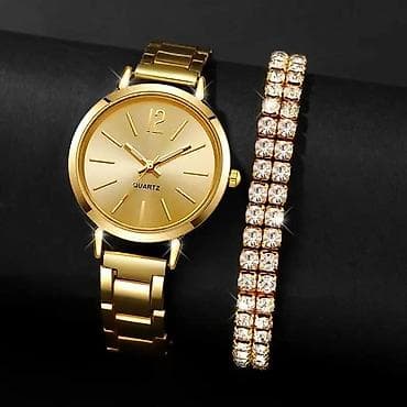 swatch ženski satovi: Elegantni ženski set: kvarcni ručni sat i narukvica sa kristalima - — 2