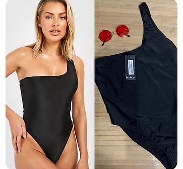 Jednodelni kupaći kostim Boohoo – crni - Kroj: asimetričan, sa jednom