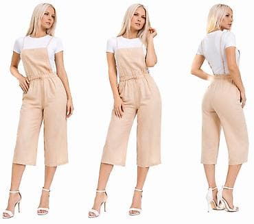 Ženski laneni kombinezon na tregere – bež - Model: culotte dužina