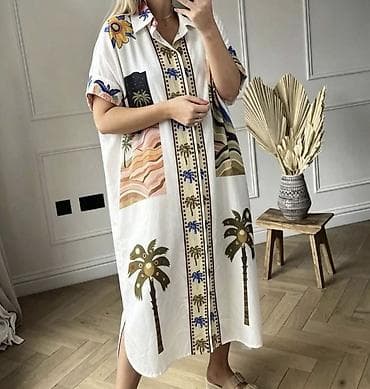 lanene haljine: Ženska košulja-haljina duga sa printom ma dugmice. - Model: širok — 4