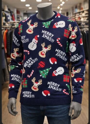 Praznični džemper sa motivima – tamnoplava osnova, celopreko štampani na lalafo.rs Praznični džemper sa motivima – tamnoplava osnova, celopreko štampani