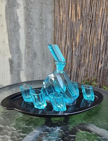 set za otvaranje vina: Art deco set za liker – plava staklena karafa sa čepom i 6 čašica - — 1