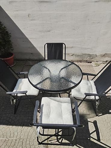 lounge stolice: Baštenski set – sto, 4 stolice i suncobran - Okrugli sto sa — 9