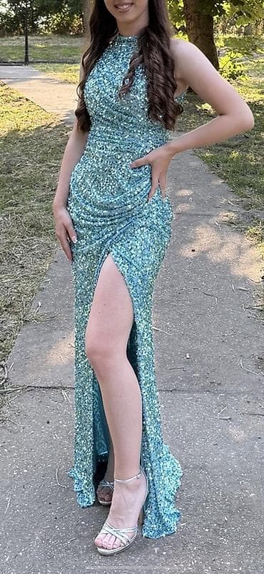 Men's Footwear: Duga svečana haljina od pailleta u nijansi svetlo tirkizne/akva plave — 2