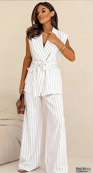 komplet prsluk i pantalone: 🔥Ženski dvodelni komplet – prugasti sako bez rukava i široke pantalone — 9