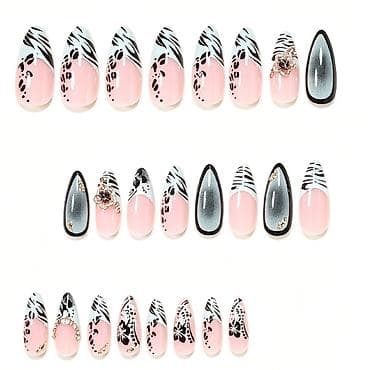 set za negu noktiju: Set presovanih noktiju – dugi, špicasti tipse sa nail art dizajnom - — 2