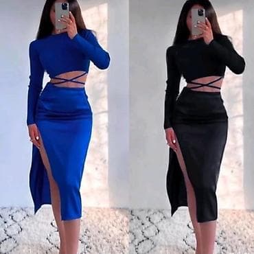 Komplet suknja dubok pojas sa slicem i crop top bluza sa trakama oko