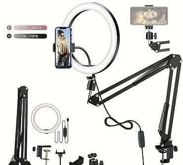 drzac za risiver na televizoru: LED ring light set sa stolnom “boom” rukom i držačem za telefon – — 1