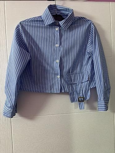 stradivarijus suknje: Plava prugasta košulja sa detaljima - Model: kratka košulja na — 1