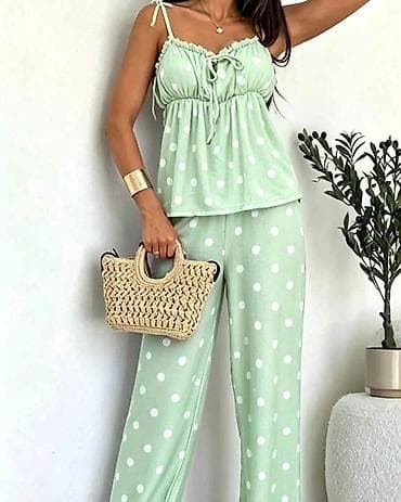 crne pantalone letnje: Ženski komplet na tufne – top na bretele + široke pantalone - — 4