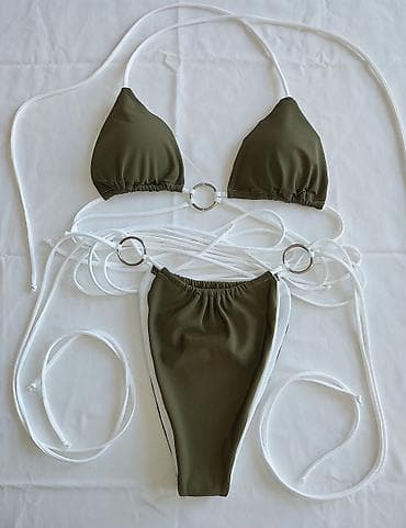 Donji delovi trenerke: Dvodelni bikini set – maslinasto zeleni sa belim trakama i metalnim — 3