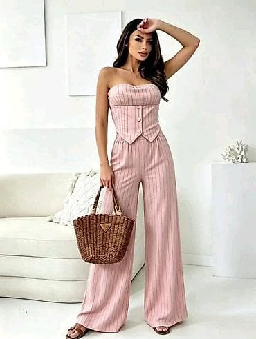 Kompleti: Ženski dvodelni set – korset top i široke pantalone sa pinstripe — 5