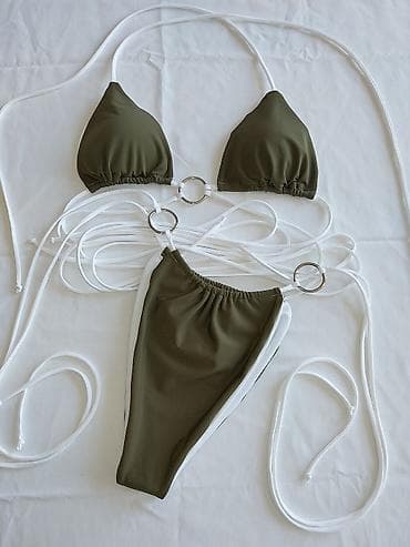 Donji delovi trenerke: Dvodelni bikini set – maslinasto zeleni sa belim trakama i metalnim — 2