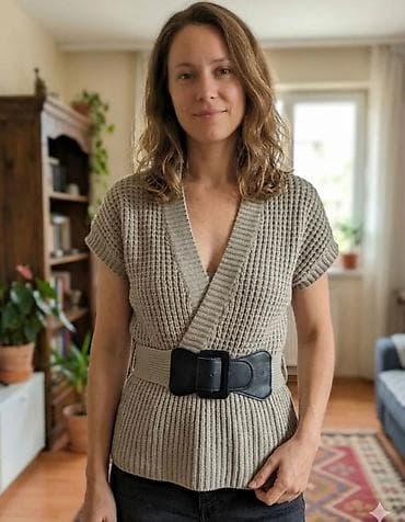 kyoto jakna: Ženski pleteni prsluk/bez rukava sa preklopom i širokim kožnim pojasom — 1