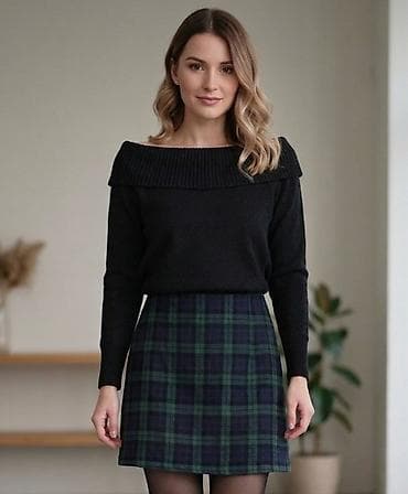 Komplet: Suknja i Dzemper.Ženska suknja A-kroja sa kariranim dezenom