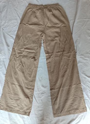 kargo farmerke: Ženske široke lanene pantalone bež boja. - Materijal lan. - Kroj — 2