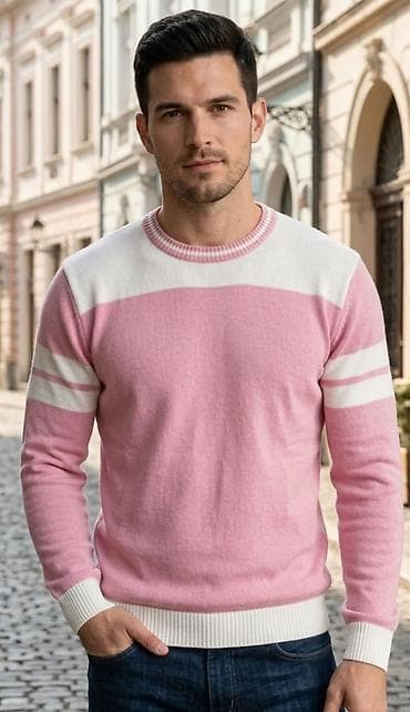 c.a.n.d.a collection: Muški džemper sa okruglim izrezom – roze/belo - Moderni color-block — 1
